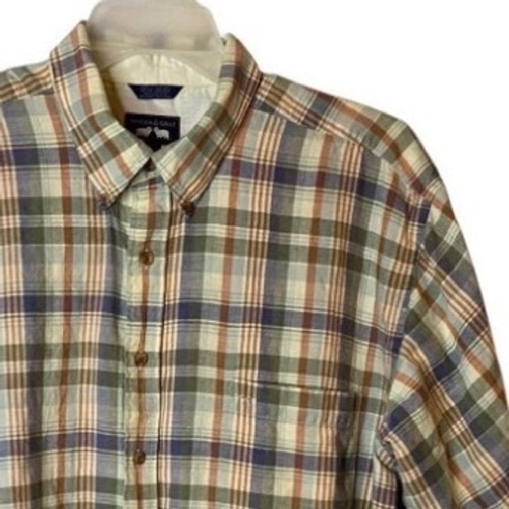 Woods & Gray Mens XL Linen Blend Short Sleeve Button Down Shirt Tan Green Plaid
